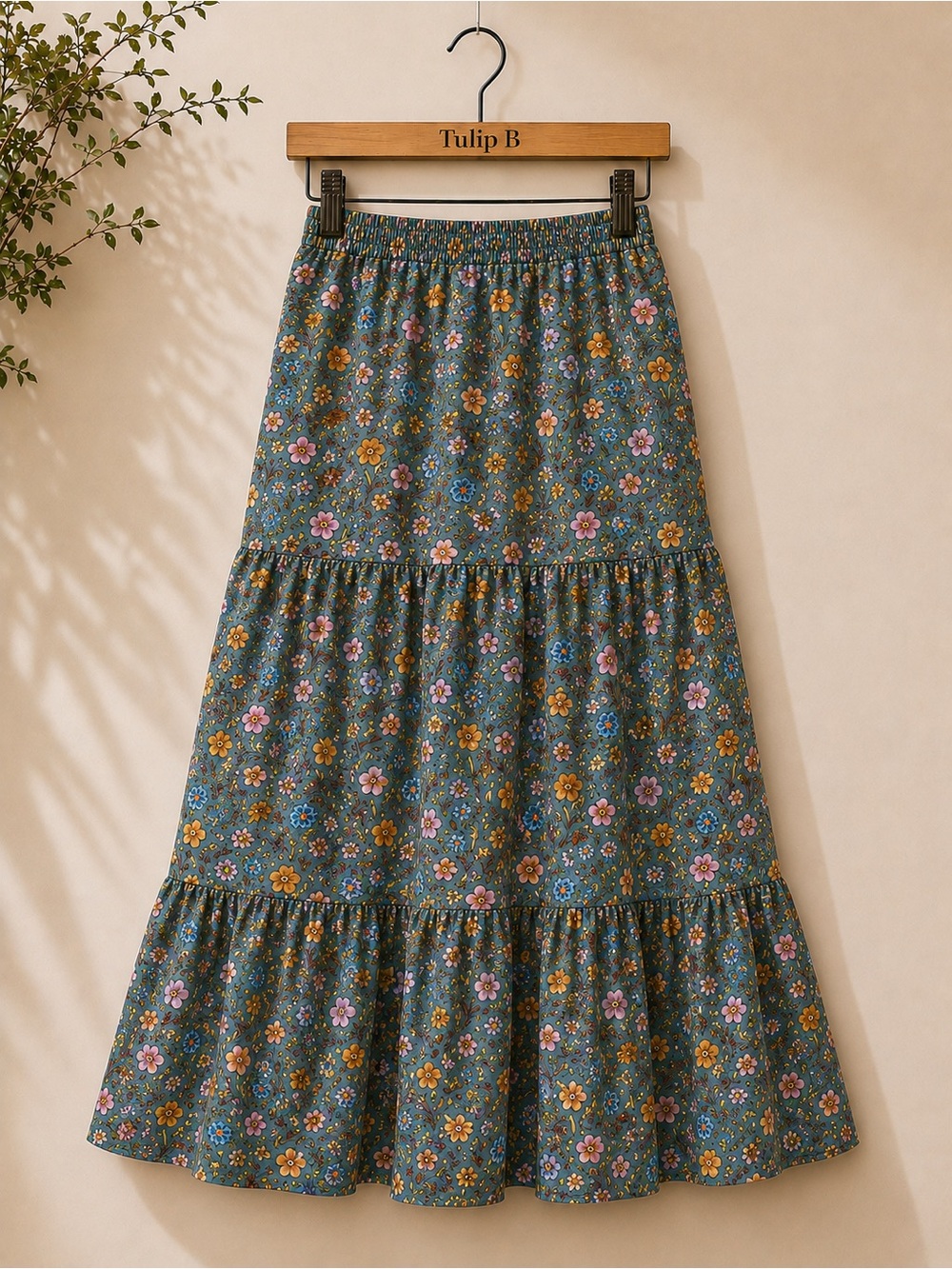 NWT Tulip B Floral Tiered Maxi Skirt in Green Lined Elastic Waist Pockets - Picture 3 of 7